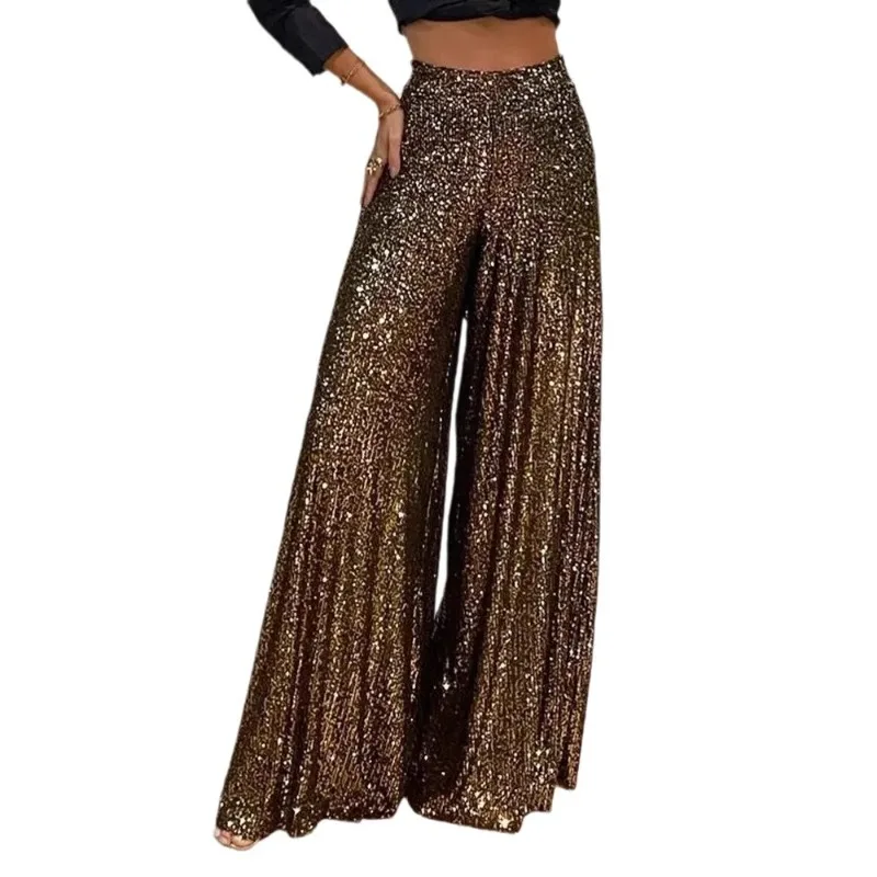 المرأة واسعة الساق بانت ألف خط مستقيم عالية الخصر لينة لامعة الترتر الرقص الشارع الشهير بنطلون السراويل عالية الخصر ربيع الخريف فاسق