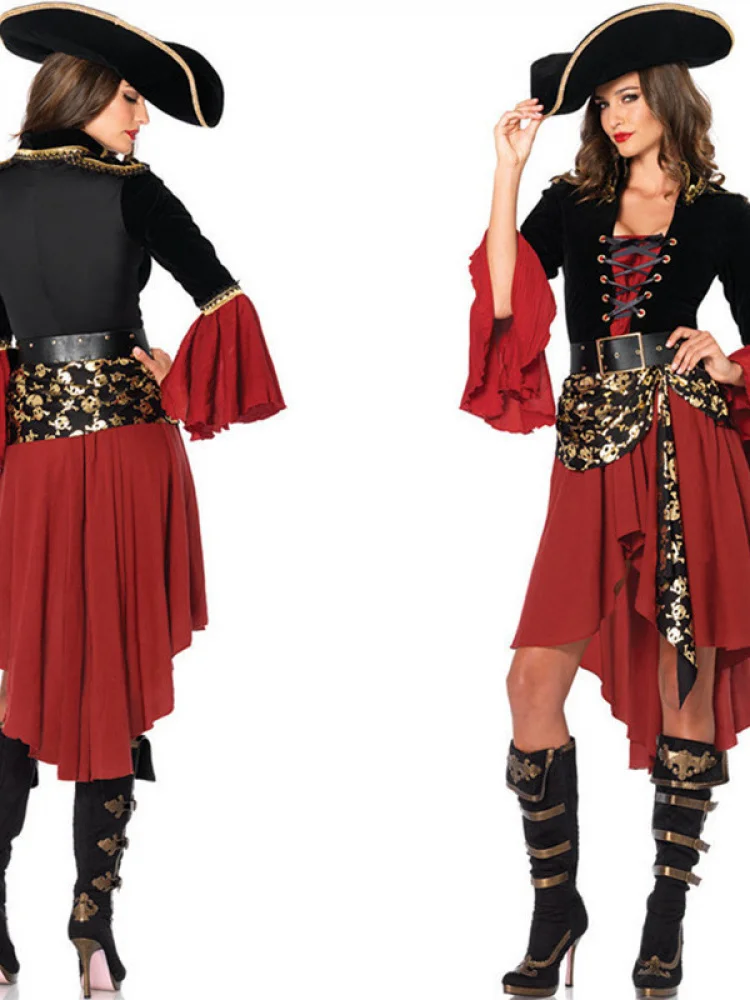 

Взрослый Хэллоуин Косплей Королева Пиратский Костюм Карибская Леди Пират Представление Одевание Пар Наряд Полиэстеровая Юбка С Принтом