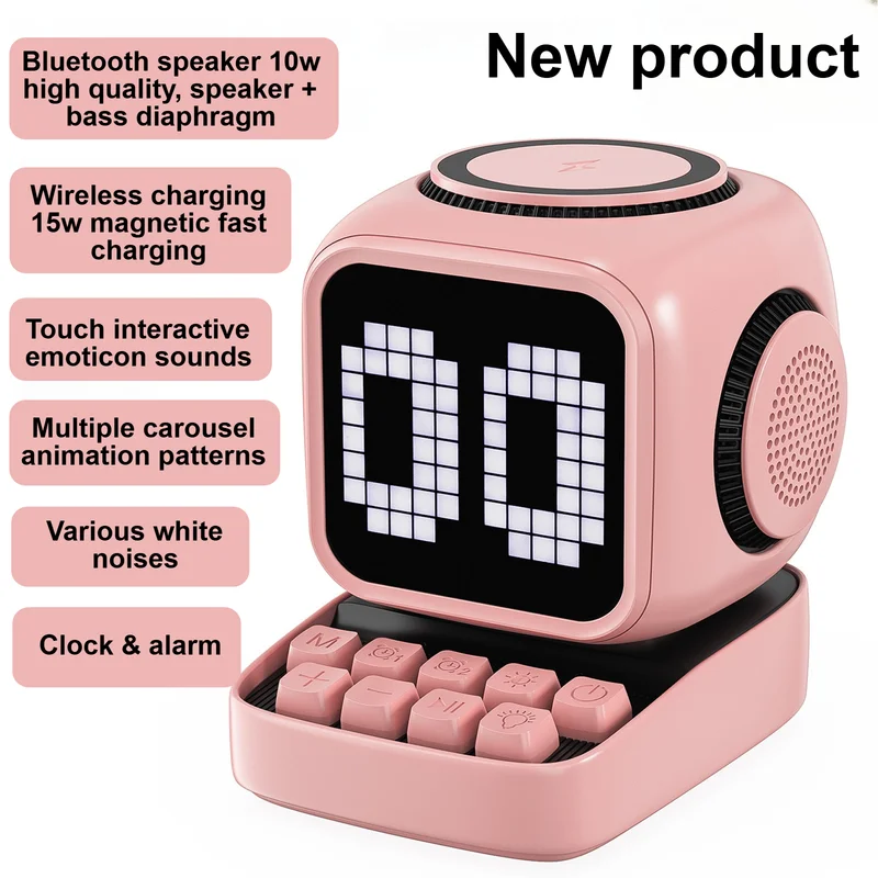 New Wireless Magnetic Charging Bluetooth Speaker Cute Gift Retro Pixel Art Bluetooth Portable Speaker Alarm Clock Led Display