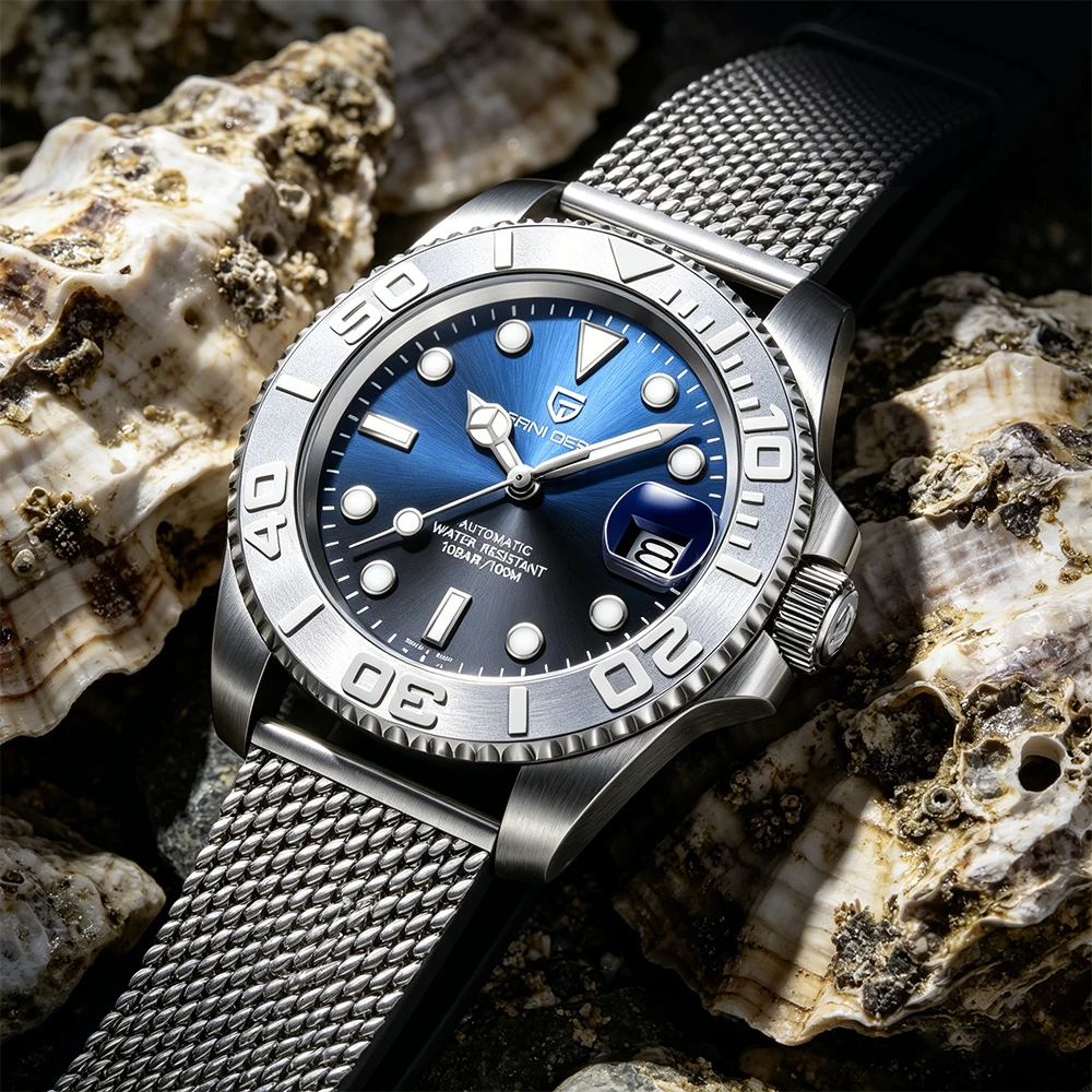 PAGANI DESIGN Herren Automatikuhr mit blauem Zifferblatt, 100 m wasserdicht, Saphirglas, leuchtend, luxuriöse Yacht-Taucheruhr für Herren