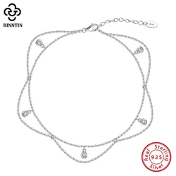 Rinntin 925 Sterling Silver Dangle Shiny CZ Anklet for Women Summer Foot Chain Bracelet Fashion Ankle Straps Jewelry SA72