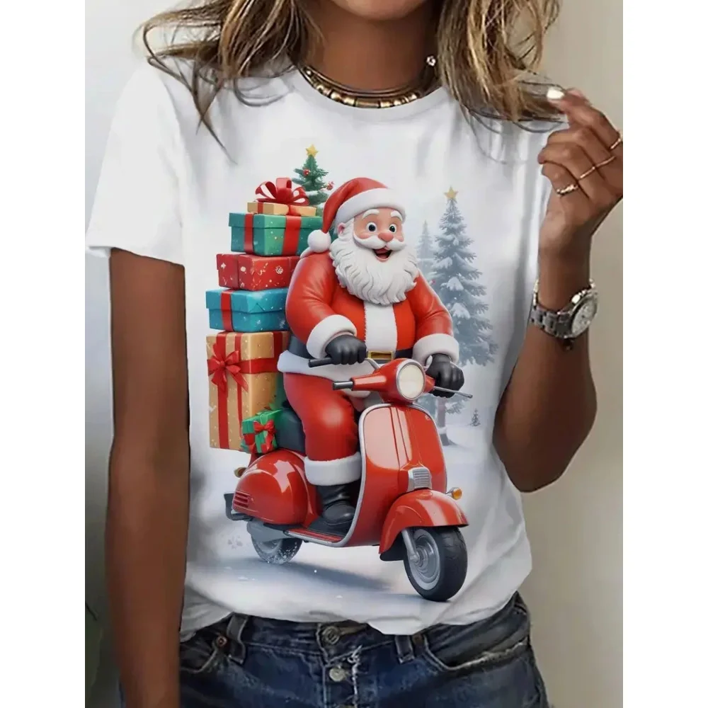 Camiseta con estampado de Papá Noel para mujer, ropa de calle Harajuku de Navidad, Top de manga corta con cuello redondo, regalo de Año Nuevo, camisetas de gran tamaño