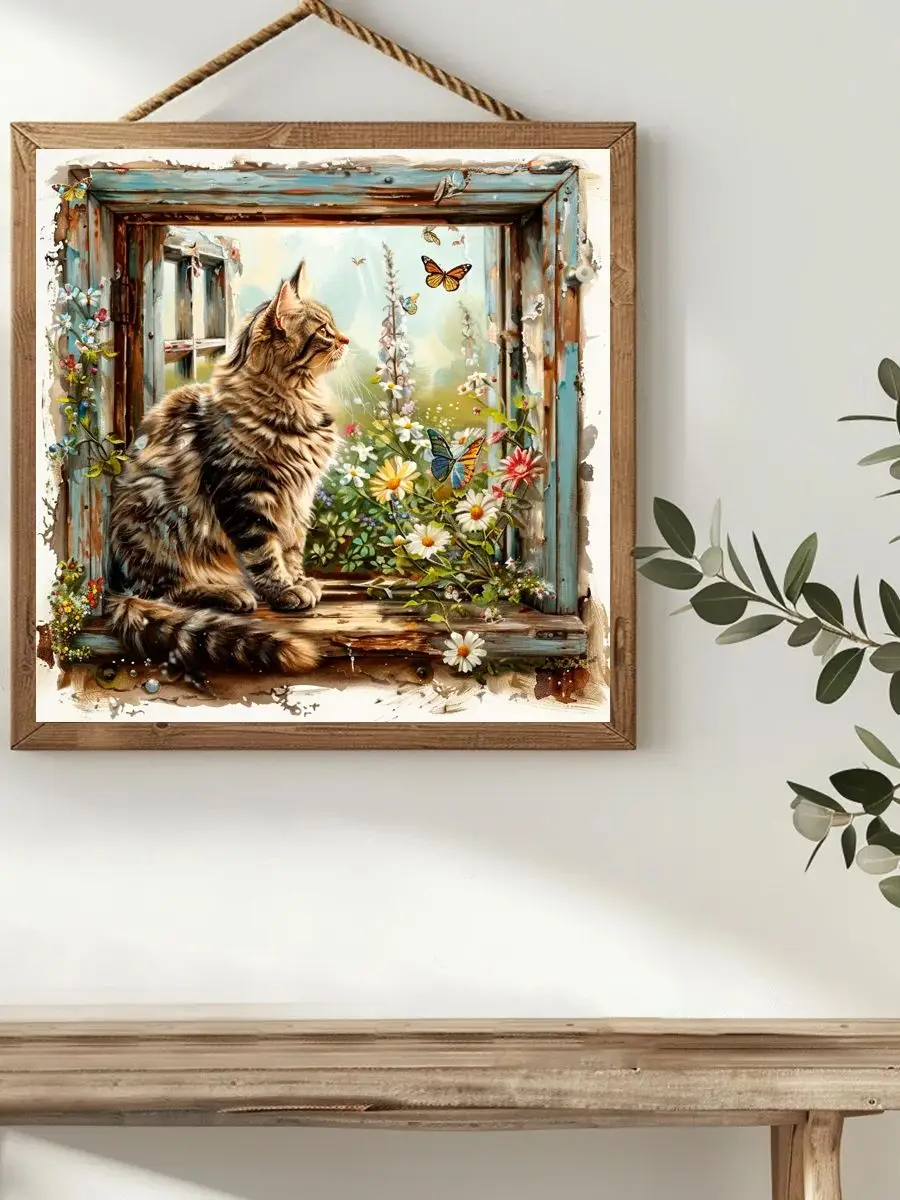 Die Katze im Fenster 40X40CM/15,74 Zoll Kreuzstich-Set DIY 11CT/14CT Stickerei zum Aufhängen Kunst und Handwerk mit Nadeln – Detail 1