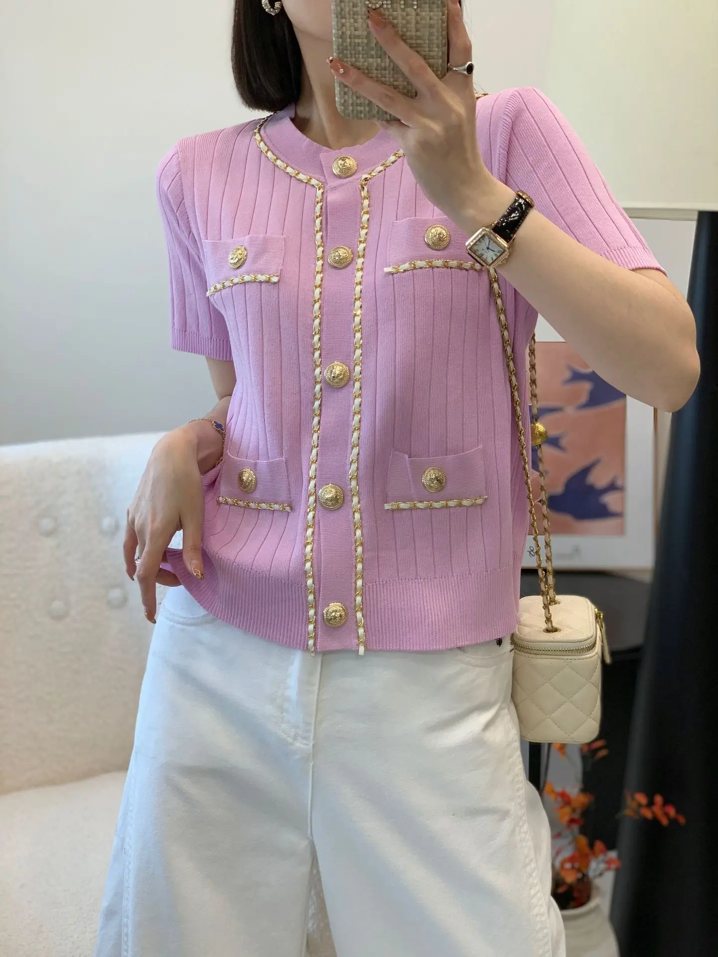 

Ele Knitted ort Sve round Ne Cardigan Slim Fit Heavy Chain Design Spring Summer Faion High End European Sle Wo...