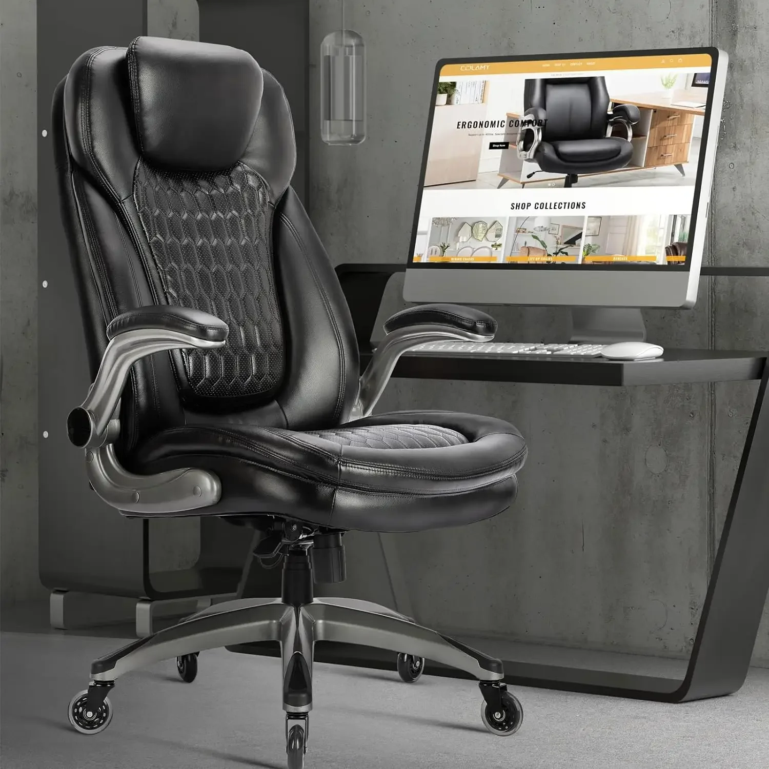 Executive Office Chair-Ergonomic Computer Desk Chair, High Back Leather Chair with Padded Flip-up Arms, Swivel Home Office Chair