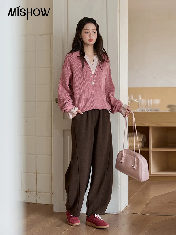 MISHOW Imitacja Dwuczęściowej Bluzki Damskiej Jesień Zima 2025 Francuski Styl Stójka Koszule Luźne Długie Rękawy Top MXE51Z2625