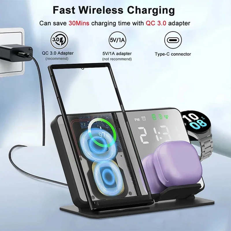 3 in 1 Wireless Charger For Samsung Galaxy Watch 6 5 Pro Fast Charging Station For Galaxy S24 S23 S22 Alarm Clock Chargers Stand