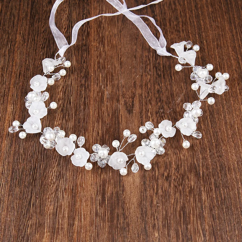 

Bridal Pearl Hairband White Flower Headbands With Ribbon Lady Wedding Hair Accessories Elegant Princess Tiaras Prom Headpiece