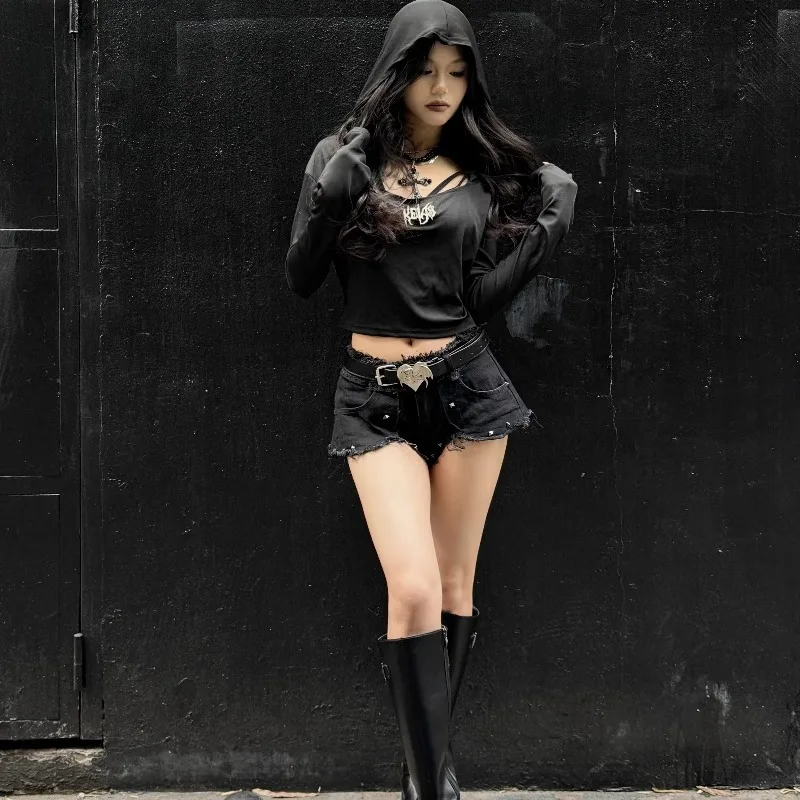Denim Shorts American Girl Y2K Millennium Style Low Waist Slimming Short Jeans Women's Black A-Line Fringed Hot Pants Trendy view 3
