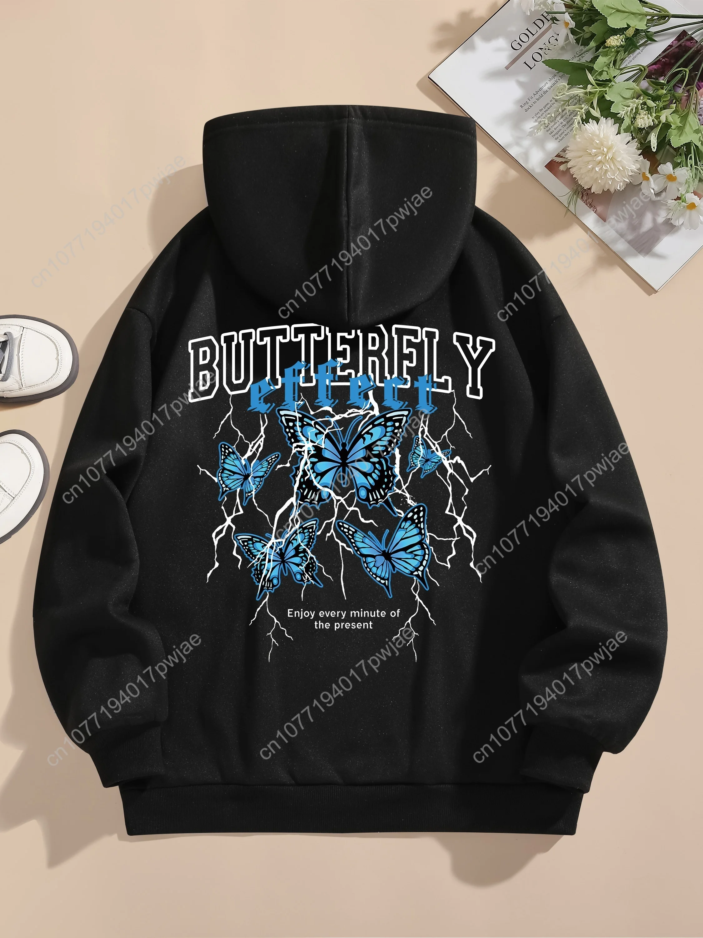 Comoda felpa con cappuccio da donna con grafica a farfalla foderata in pile - Manica lunga casual con coulisse e tasca frontale, lavabile in lavatrice