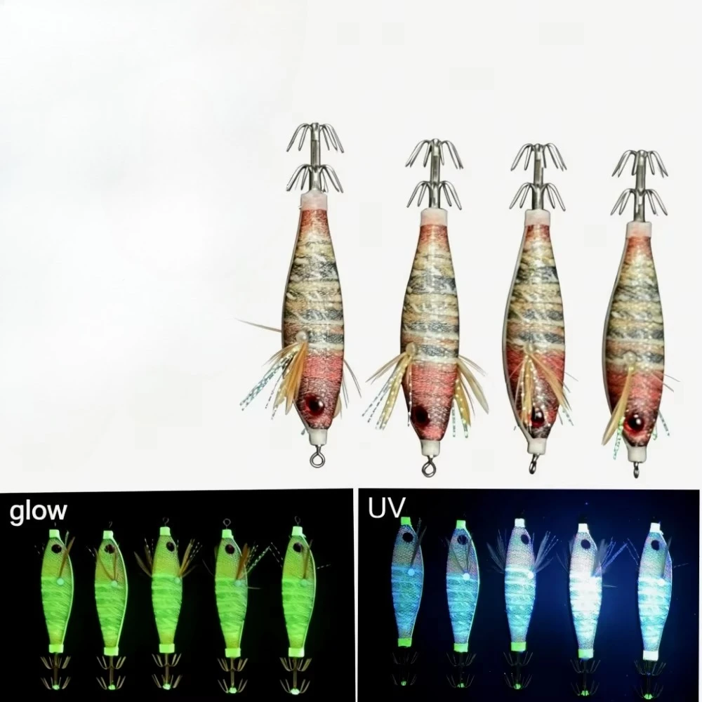 Multi-color Glow Squid Jig 5.8G/8CM Horizontal Egi Wood Shrimp Bait Artificial Lure for Squid Octopus Fishing Jukkumi