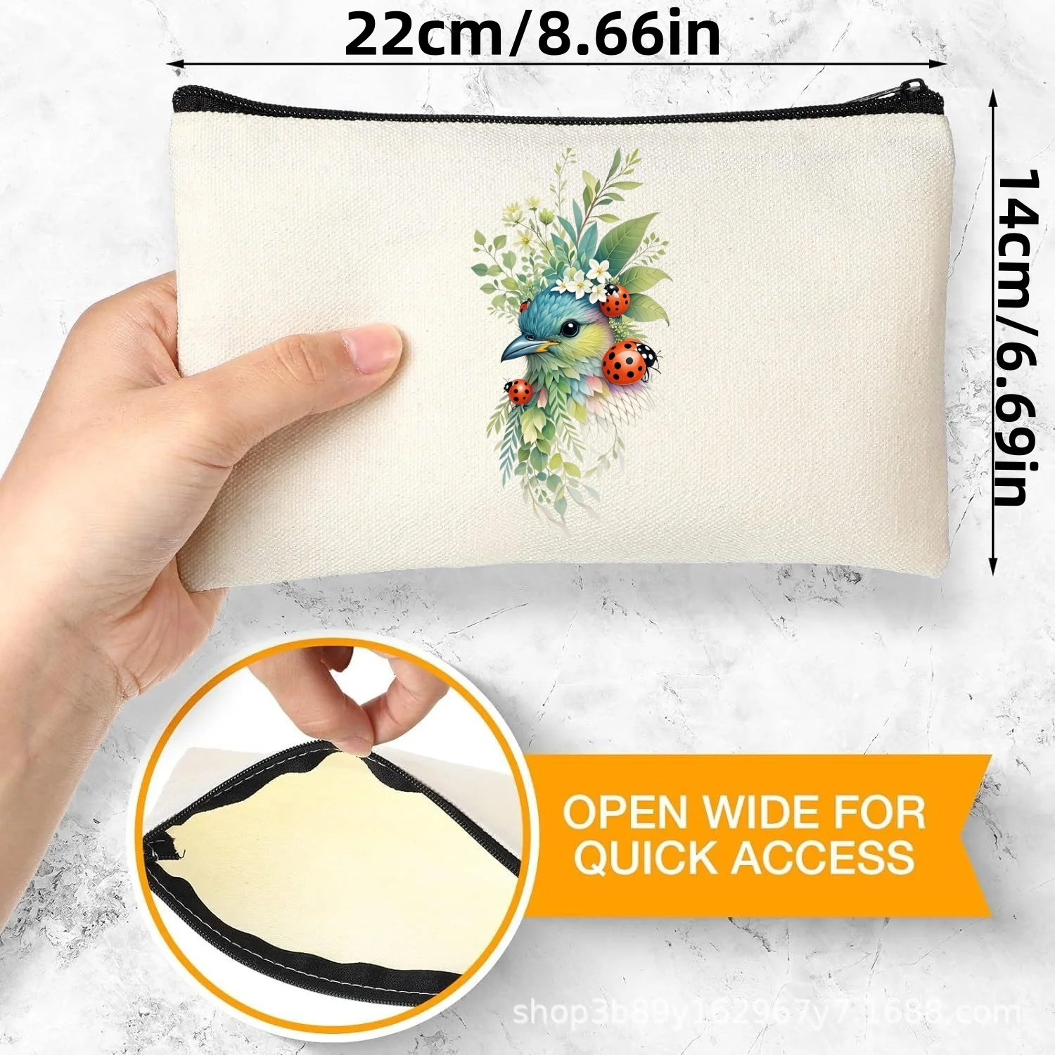 

1 шт. Эстетичная унисекс-косметичка из холщовой ткани с двумя отделениями, с принтом птиц и божьих коровок, на молнии, органайзер для путешествий