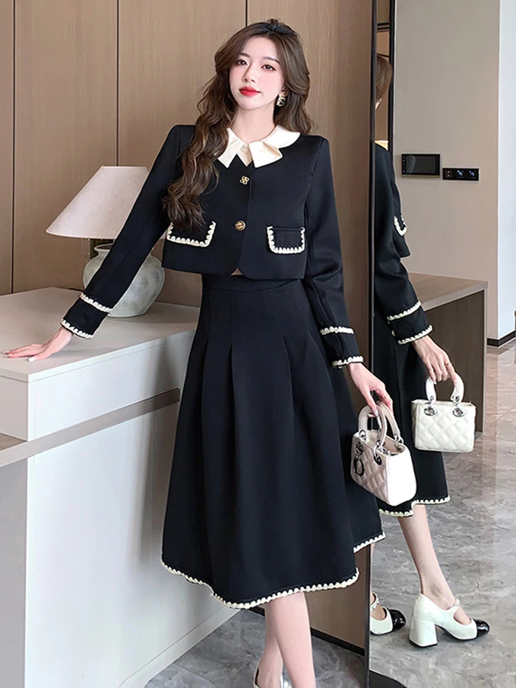 Autumn French Sweet OL Two Piece Set Women Temperament Contrast Color Small Fragrance Blazer Coat Crop Top + Mid Skirt Suits