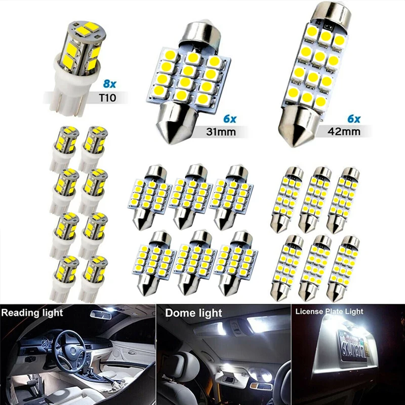 

20pcs Car Interior White LED Light Mini Bulbs Kit 6000K Reading Lamps Trunk Dome Footwell Lamp License Plate Lights Bulbs