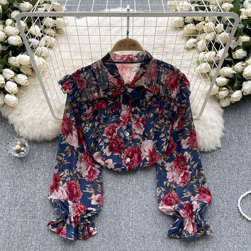 

Flower Shirt Women's Autumn Design Bow collar Ruffled long sleeves Beautiful Temperament Top blouses