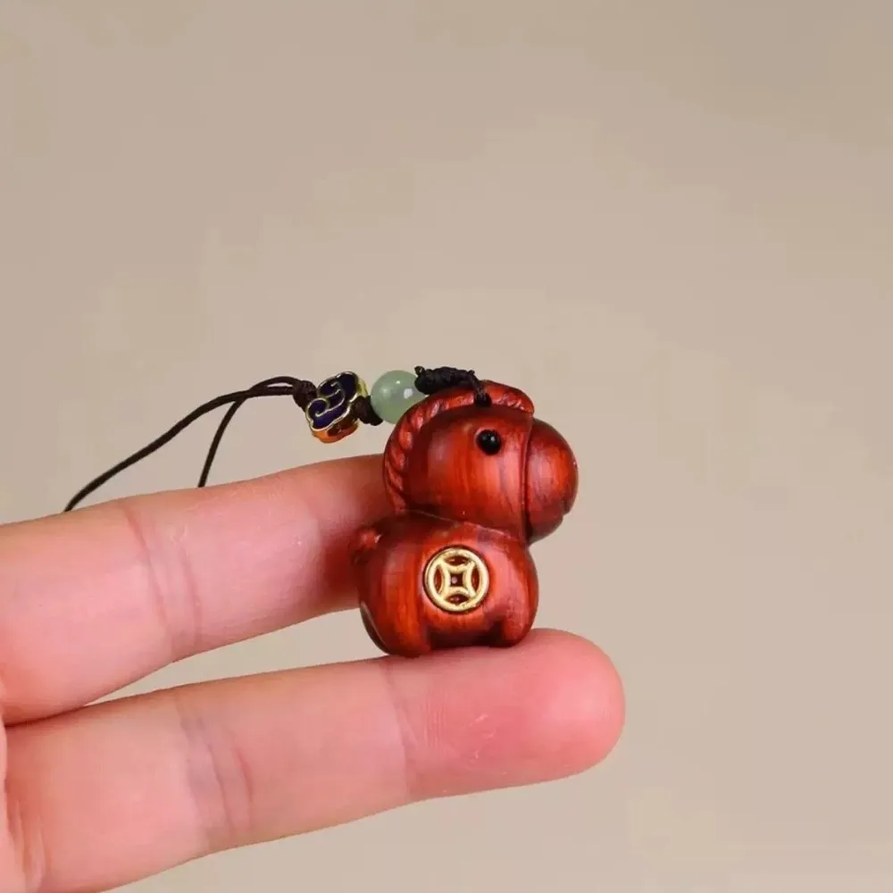 Becoming Rich Zodiac Horse Key Chain Cartoon Handmade Rope Wood Phone Chain Lanyard Sandalwood Chinese Style Key Ring New Year