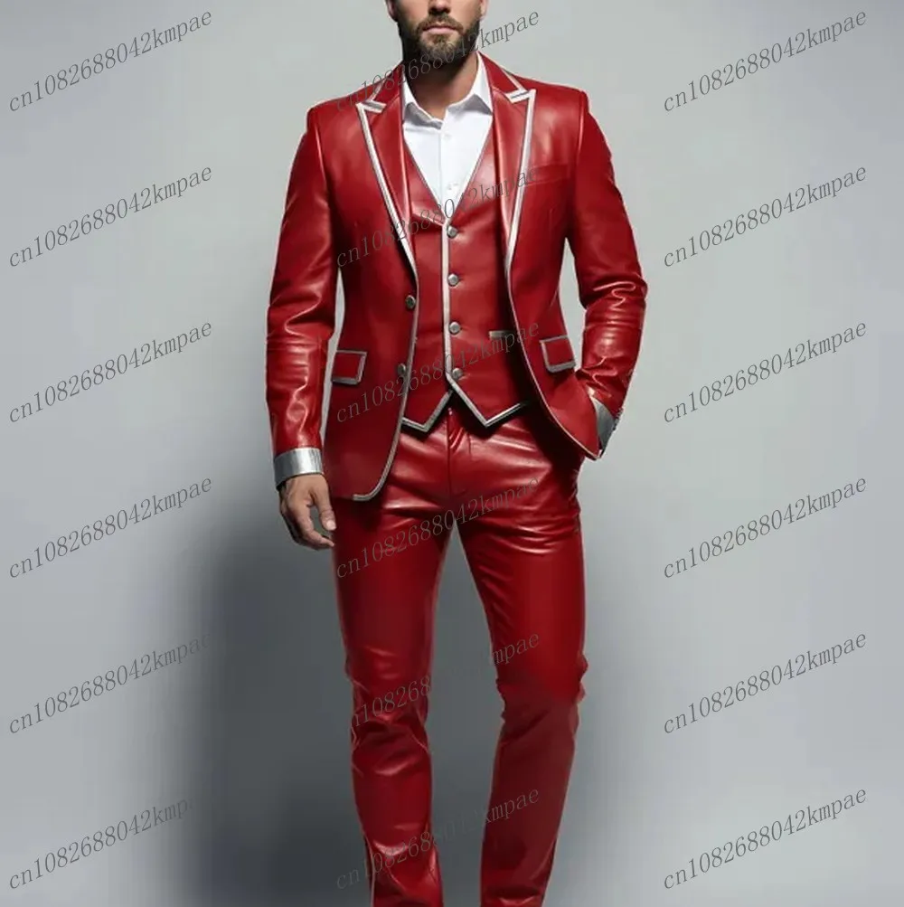 

Красный и серебристый кожаный мужской костюм для торжественных мероприятий, свадеб, выпускных, деловых встреч, смокинг из 3 предметов: пиджак, жилет, брюки