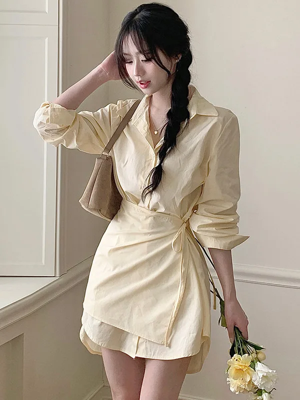 Spring New Style Belted Slimming Shirt Dress Korean Style Women's Fashion Fake Two-Piece Short Skirt Design Sense Dress