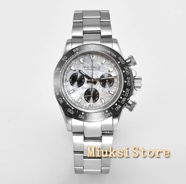 39mm Parnis White Dial Sapphire Crystal Solid Full Chronograph Quartz Mens Watch Luxury Pilot Sapphire Crystal Wrist Watch Men