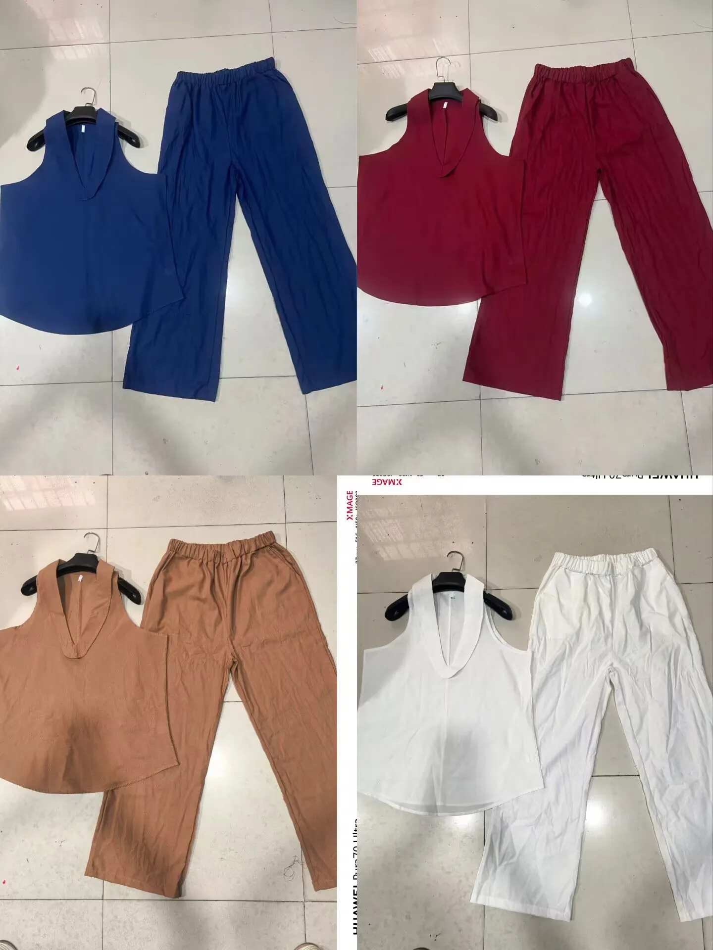Sommerliches Damen-Freizeit-Set aus Leinen: 2-teiliges Halter-Neck V-Ausschnitt Top und Weite-Bein-Hose für Strand und Urlaub – Detail 2