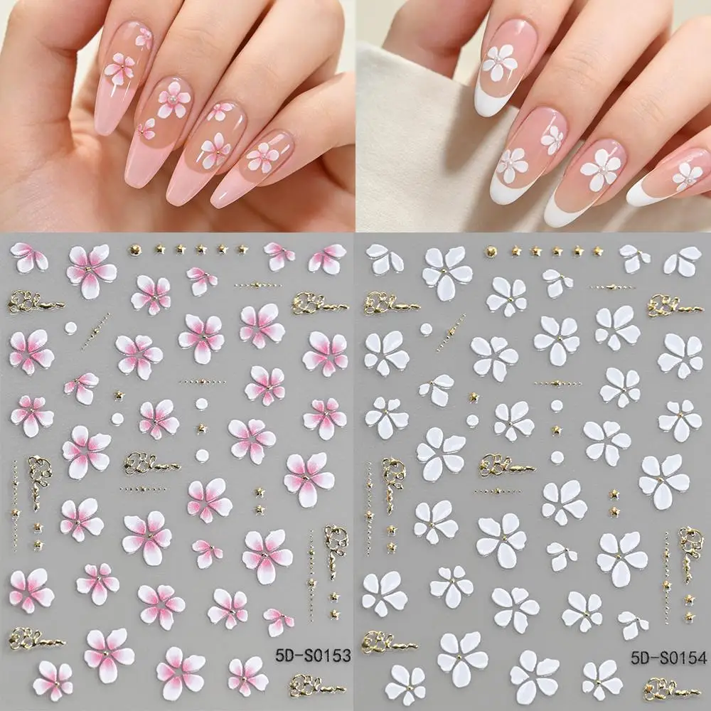 

1/2 шт. 5D объемные наклейки для ногтей с розовыми и белыми цветами вишни, золотыми цепочками, самоклеящиеся цветочные стикеры для ежедневного маникюра для женщин