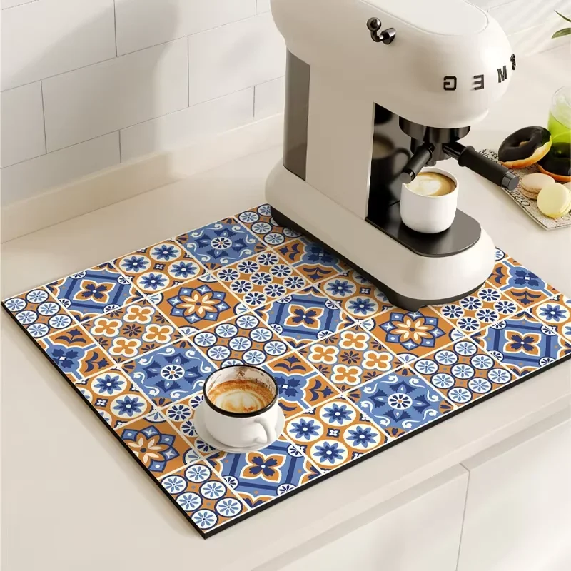VIKAMA Retro Coffee Maker Mat Non-Slip Dish Drying Kitchen Pad Quick Dry Tableware Placemat Washable Dinnerware Draining Mat