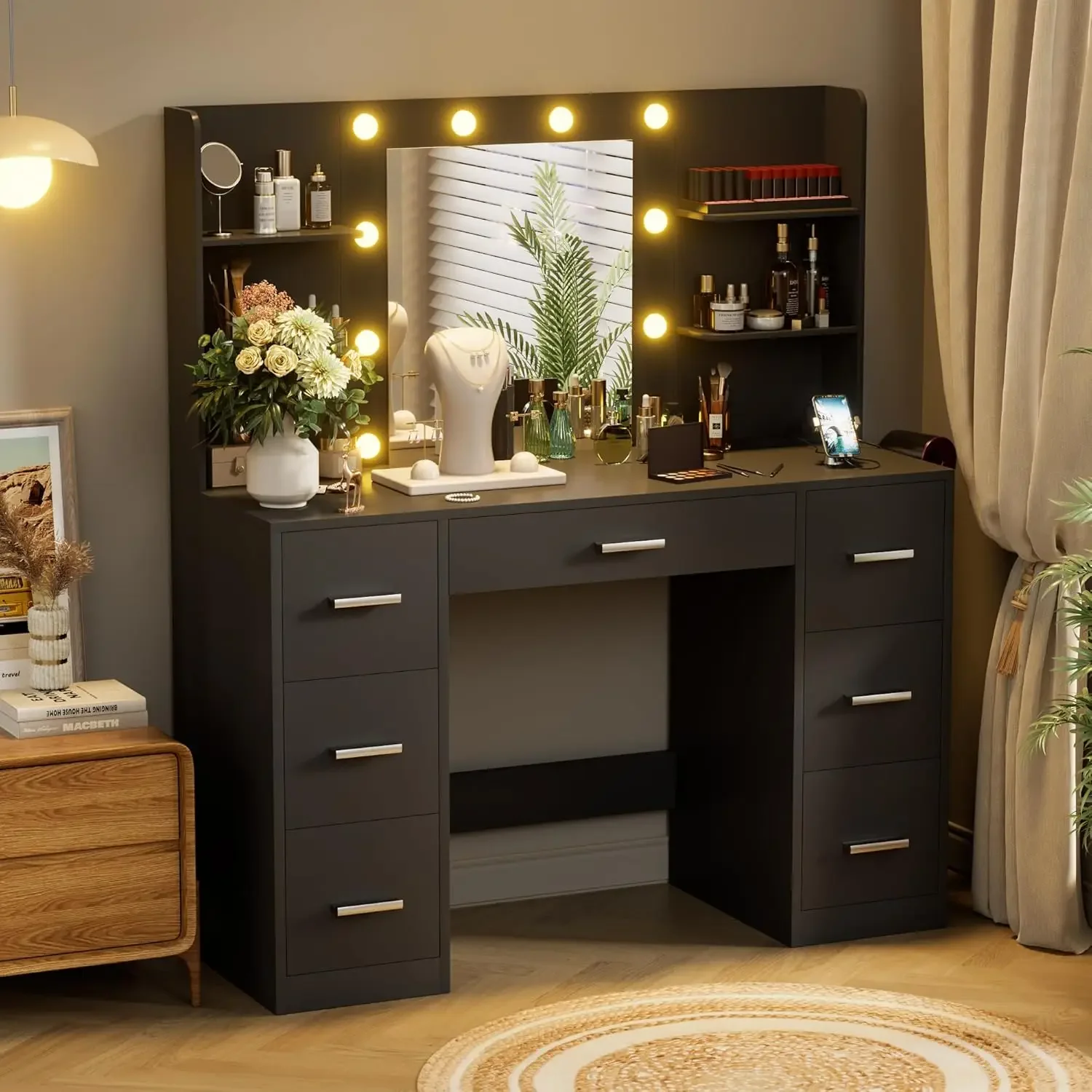 Vanity Desk with LED Lighted Mirror&Power Outlet, 3 Model Lights Makeup Vanity Table with 7 Drawers and 6 Storage Shelves image 2
