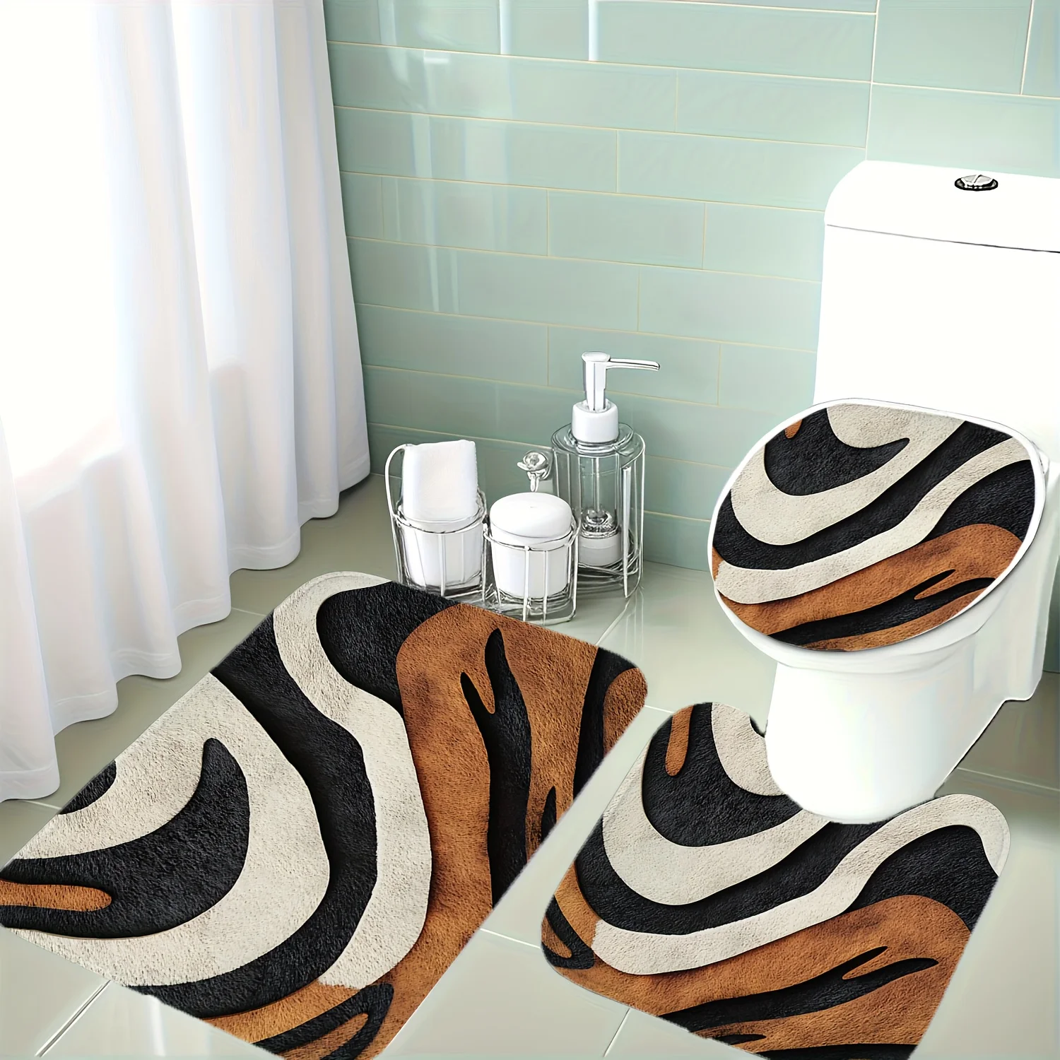 

3pcs Black, Brown & Beige Irregular Wave Pattern Bath Mat Set - Soft Flannel Non-Slip Bathroom Floor Mats with Toilet Lid Cover