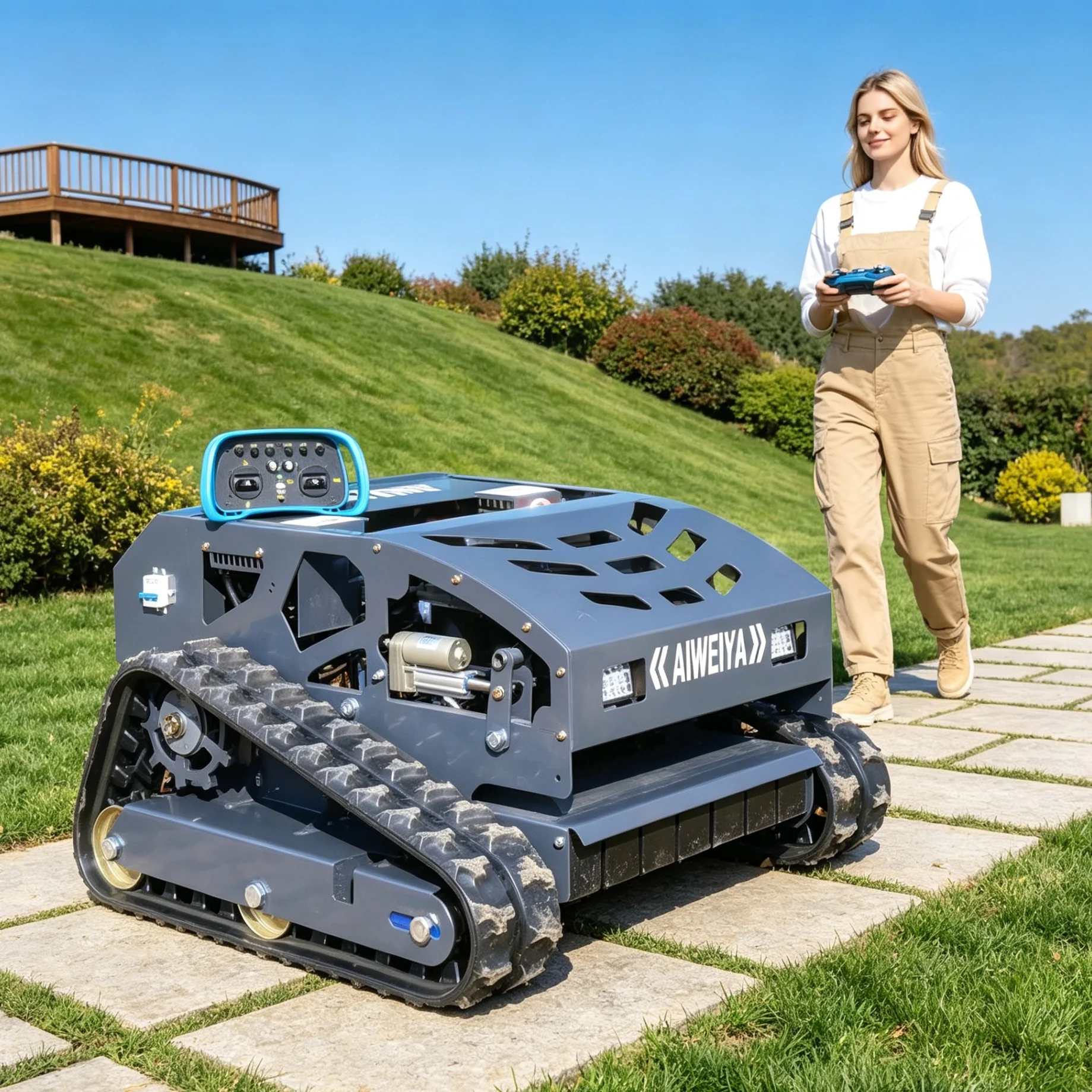Customized 550H remote‑controlled lawn mower with adjustable cutting height and built‑in display screen, ideal for landscaping