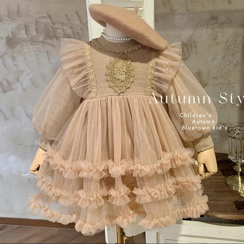 Spring Autumn New 2 3 4 5 6 8 10 Years Children Embroidery Mesh Solid Color Patchwork Crew Neck Baby Kids Girls Lace Dress