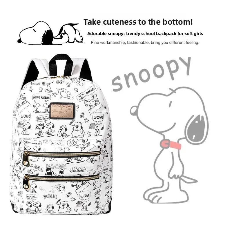 

New Original Snoopy White Backpack Ins Popular Black PU Schoolbag 30x42x13cm