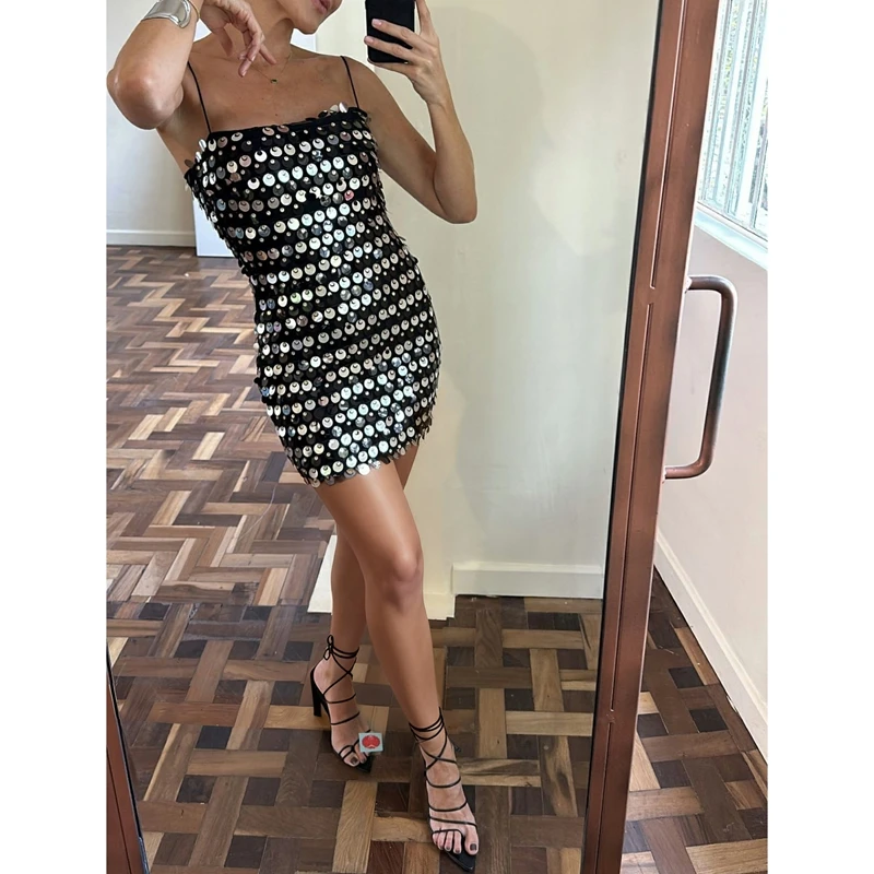 Vestido Mini Bodycon Feminino Y2K com Lantejoulas Brilhantes, Sem Costas, Alça Fina Ajustável, para Festas e Baladas