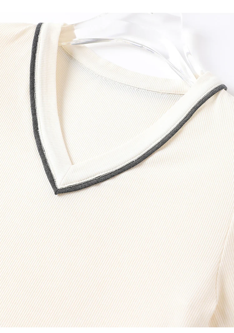 KL7523408 Designer-Stil Damen V-Ausschnitt Strickware Weiche Wollmischung Oberteil Slim Fit Geripptes Kurzarm-T-Shirt – Detail 25