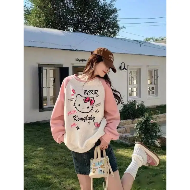 

Хлопковая толстовка Sanrio Hello Kitty с круглым вырезом и лоскутным узором, новая весенне-осенняя свободная повседневная удобная милая толстовка для девочек