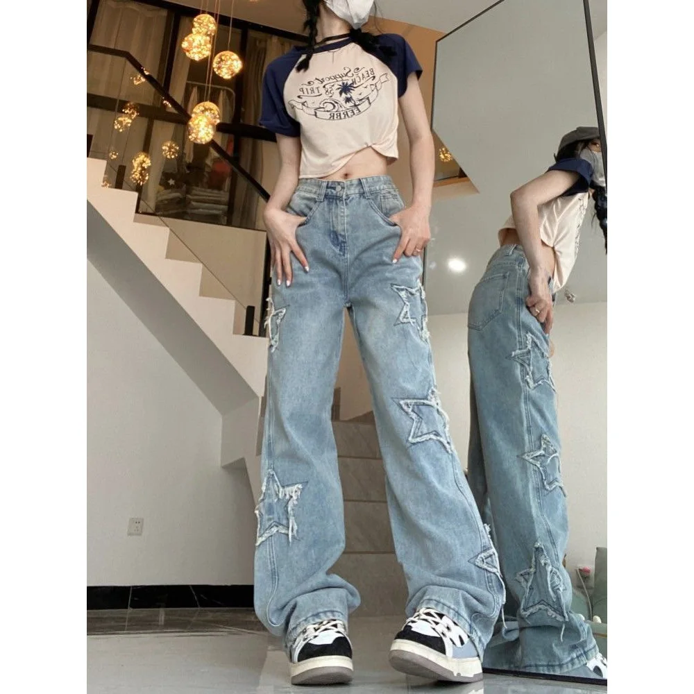 American Retro High Street Jeans donna primavera e autunno nuovo Design ricamo vita alta sottile gamba larga pantaloni marea