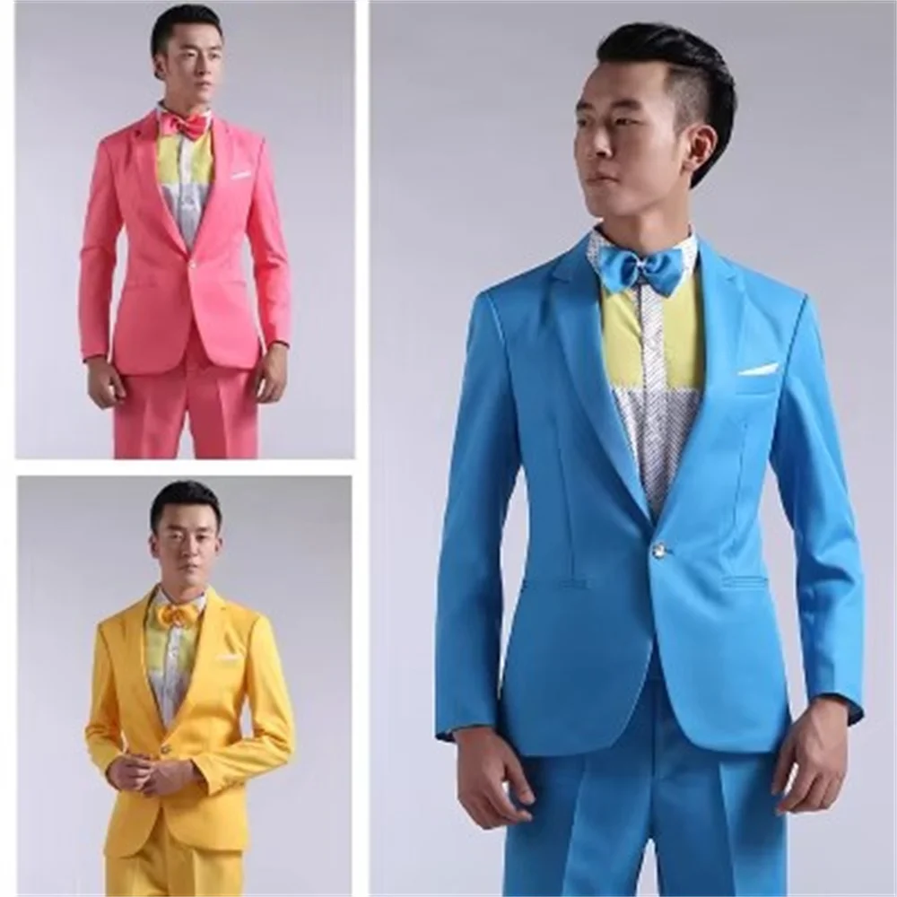 New Long-Sleeved Men\'s Suits Dress Hosted Theatrical Tuxedos For Men Wedding Prom Red Yellow Blue And Green M L Suit Men