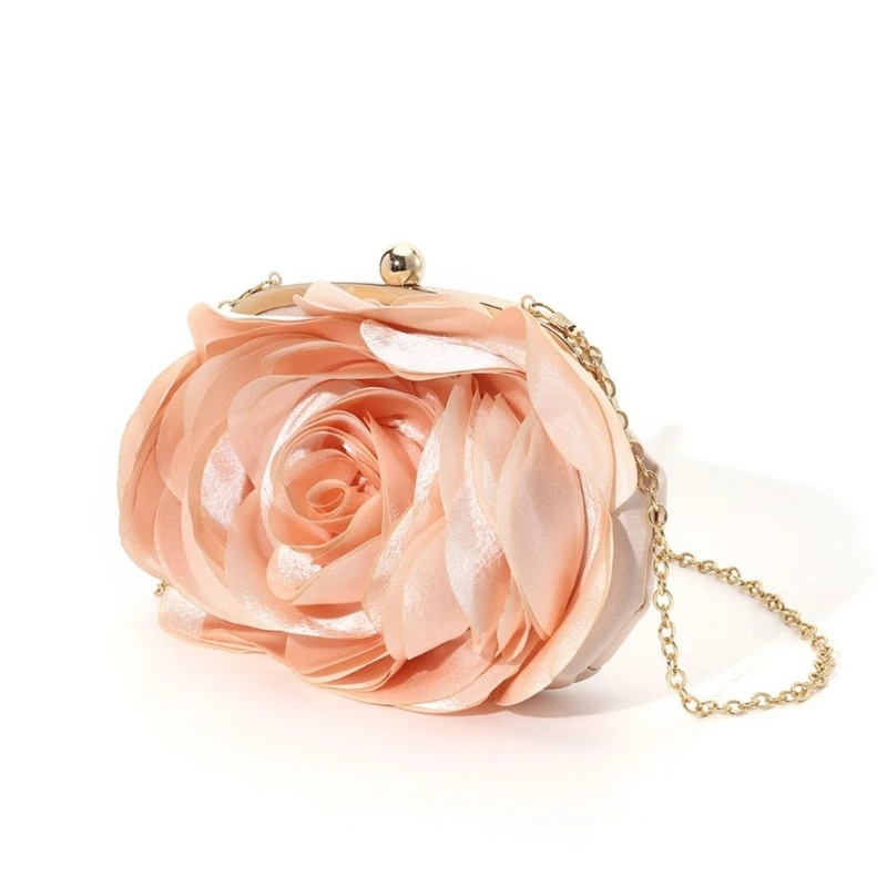 Fashionable Satins Rose Flower Mini Clutch Bag with Detachable Chain for Formal Occasion Women Shoulder Handbag Purse