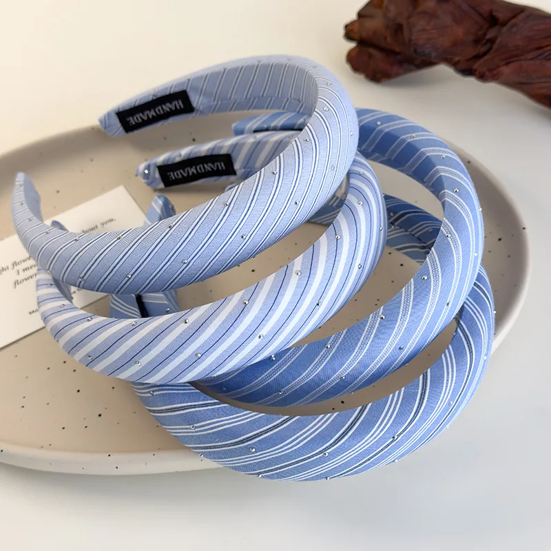 

Beach Blue Striped Headbands New Twill Fabric Sponge Hair Hoop for Womans Girls Sweet Elegant Hair Band Fashion Retro Headdress