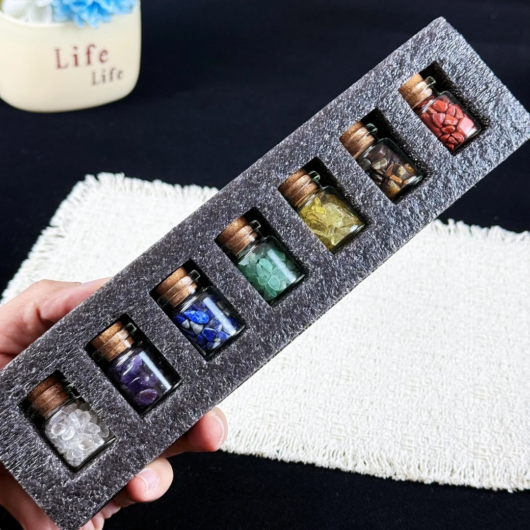 1 Set 7 Colors Crystal Pebble Bottle Set Box, Crystal Chips Bottle, Interior Decoration Crystal Wishing Bottles, Crystal Gift Bo