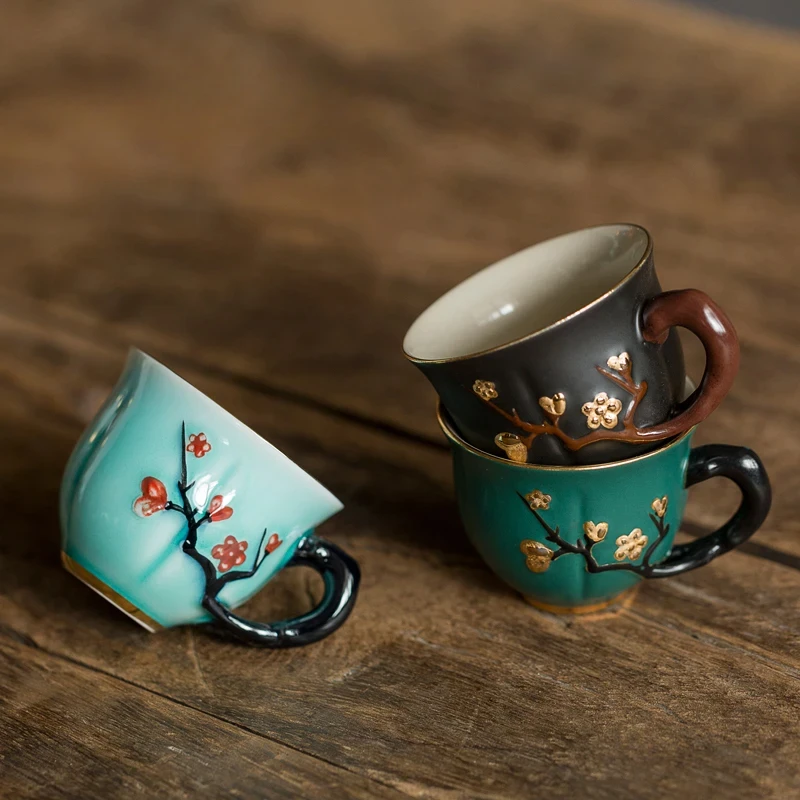 

50/70ml Chinese Handmade Plum pattern Ceramic Tea cup small Coffee cups with handle China porcelain Mugs Tea set T014