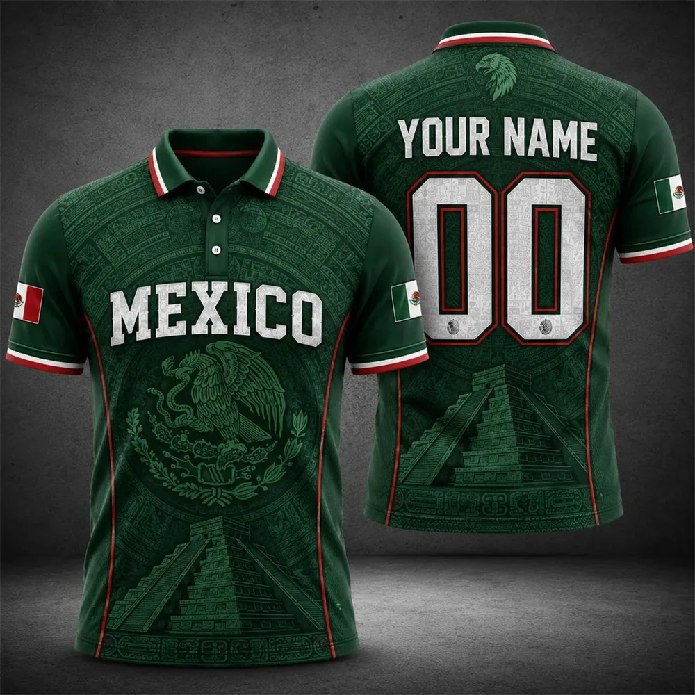 Personalized Mexico Flag Polo Shirt Custom Name Number Print Short Sleeve Tops For Football Fan Daily Holiday Casual Sports Tee view 2