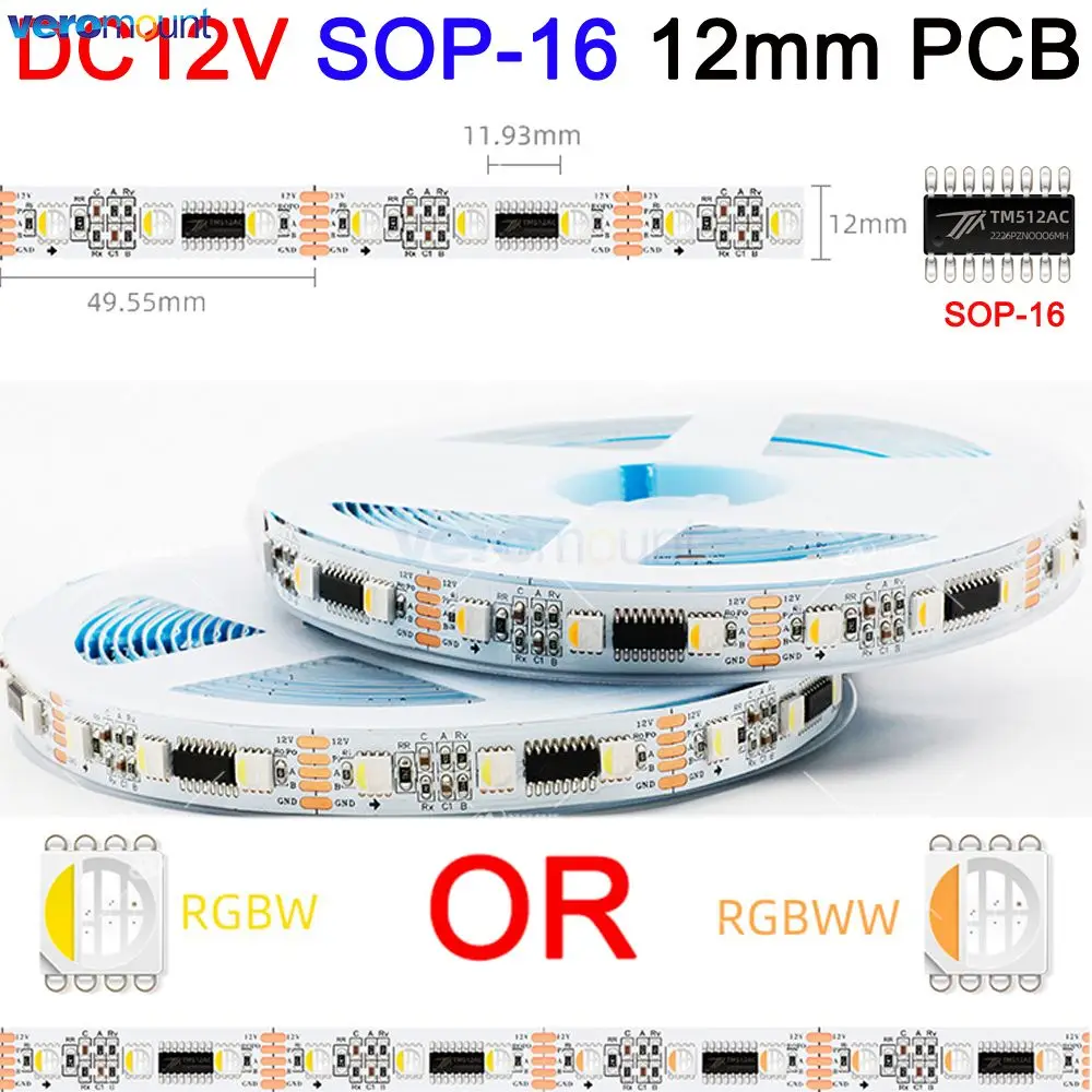 DMX adresowalny DMX512 LED Pixel LED pasek RGBW 4 w 1 SMD 5050 zewnętrzny IC TM512AC SOP10 SOP16 DC 12V 60 diod/m 12 10mm PCB