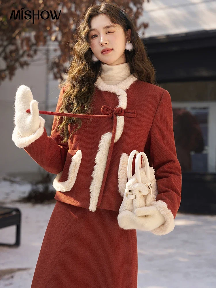 MISHOW Chinese Style Sets for Women 2 Pieces Down Jacket Slit Long Skirt Two Piece Set New Year Female Clothing MXC57Y0028