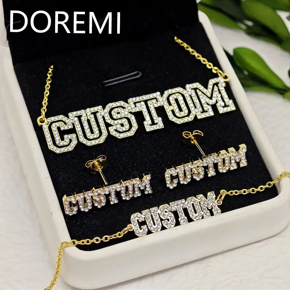 DOREMI Any Name Personalized Gift Jewelry Set Package Necklace Hollow Name Crystal Full Zircon Custom Letters Jewelrt Set