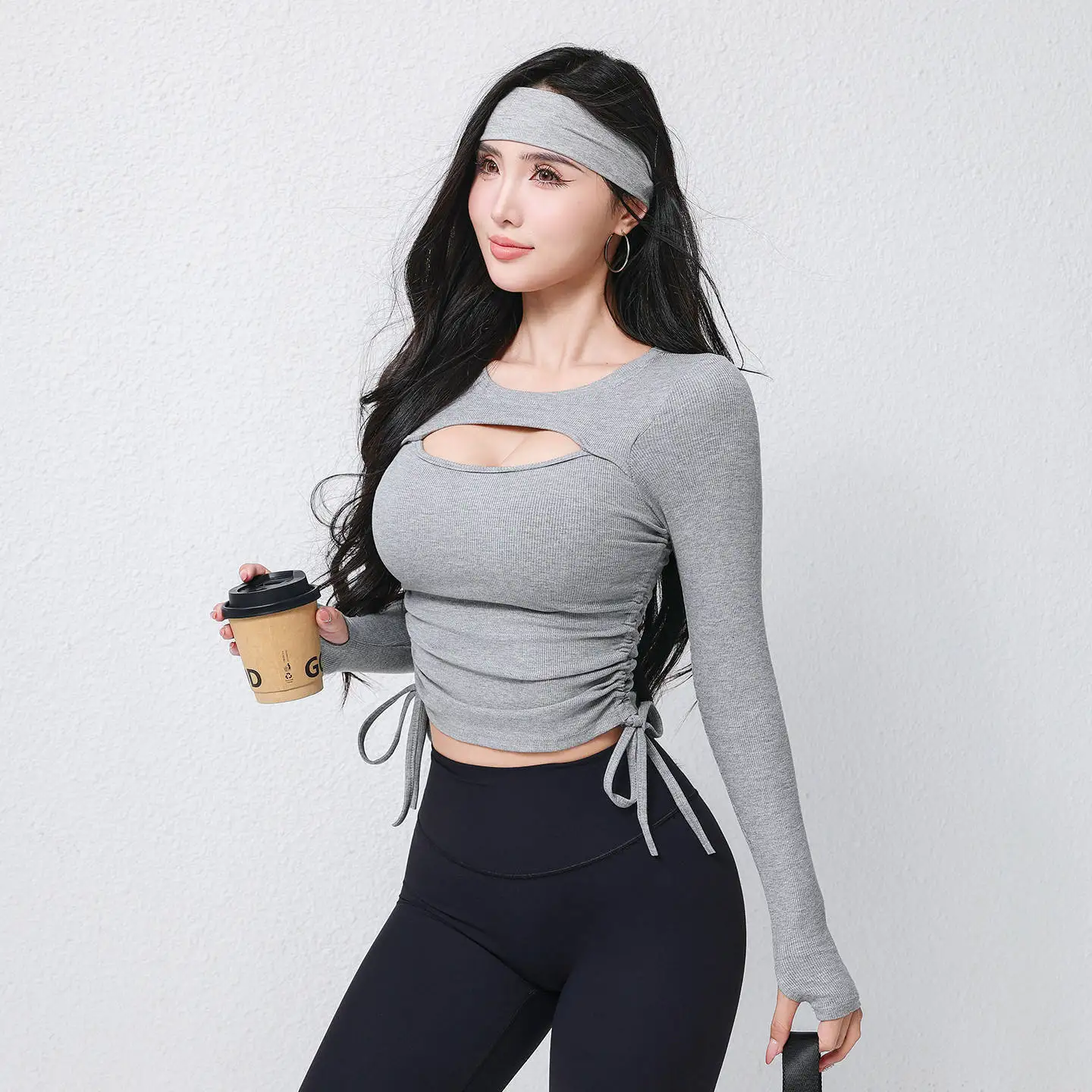 

Women’s Built-In-Bra Yoga Top, Long-Sleeve Sexy Placket Pilates Training Tee, Absolute-Stunner Fall/Winter Gym Layer