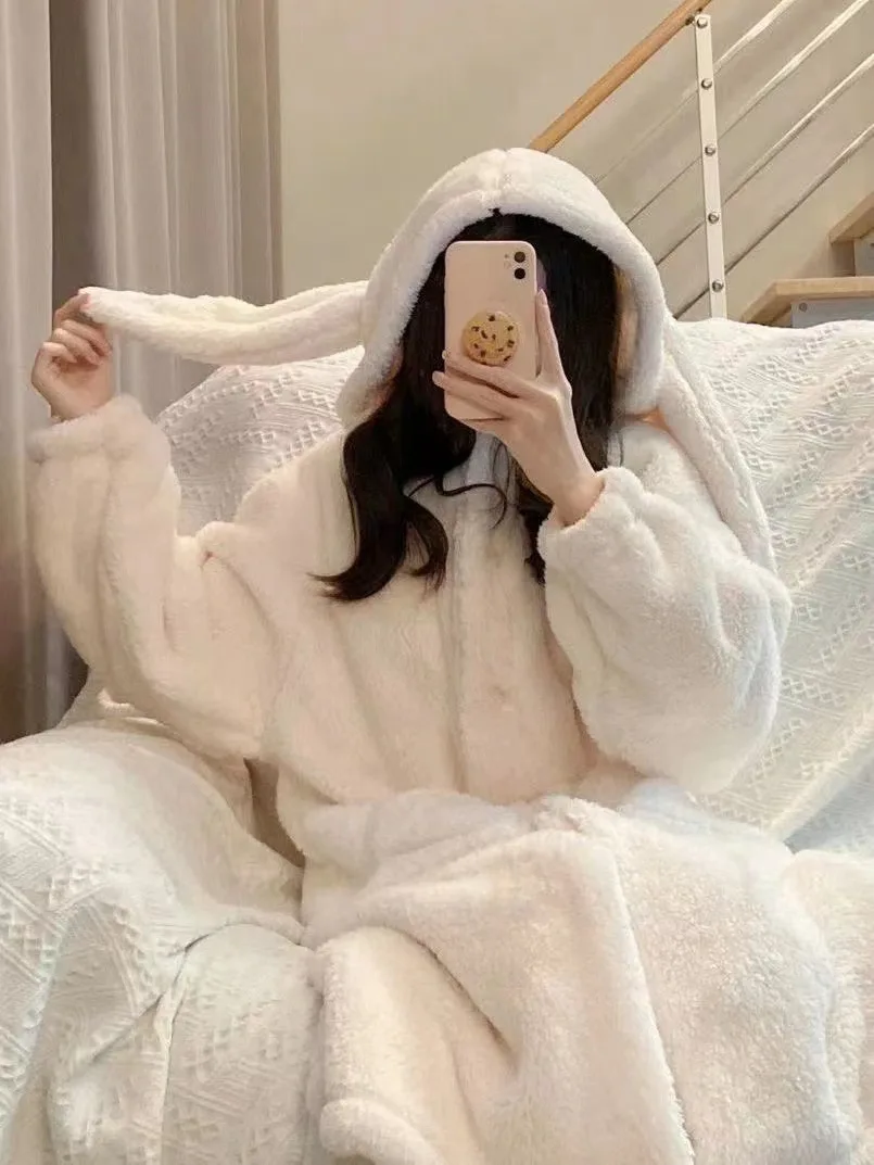 Autumn and Winter Ladies Warm Pajamas Homewear Rabbit Ears Ins Girls Student Pajamas Cartoon New Robe Bathrobe Homewear