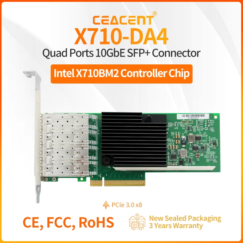 

New Intel X710-DA4 4-Port 10G SFP+ PCI Express 3.0 x8 Ethernet Card – Low Profile & Full Height Included