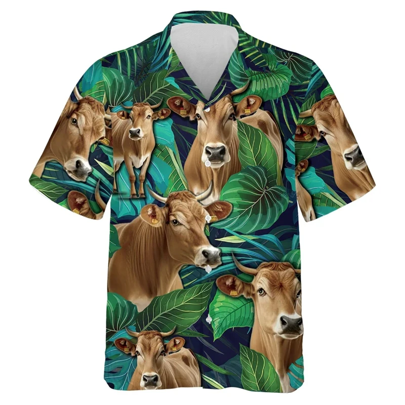 Brownswiss Cow 3D Print Shirts For Men Clothes Hawaiian Animal Cattle Graphic Beach Shirt Funny Swiss Cow Head Blouses Boy Tops