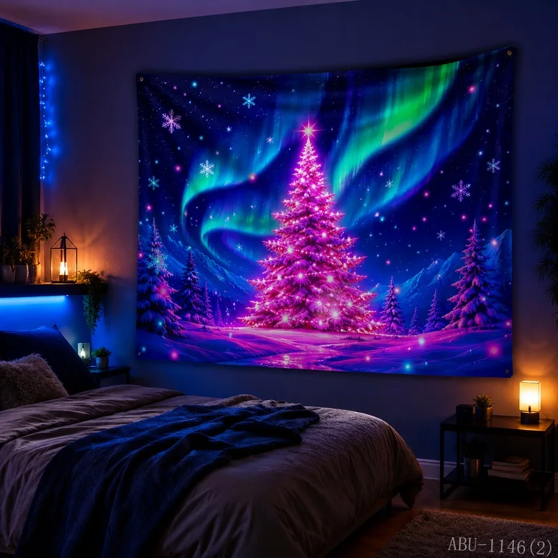 VIKAMA Christmas Tree Blacklight Neon Glow Tapestry Wall Hanging, Wall Art for Bedroom Dorm Party Game Room Bar Decor