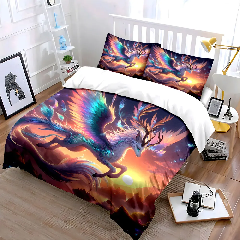 Enchanted winged creature flying Print Bedding Set 1 Duvet Cover 2 Pillowcases for Adult and Children Luxury Gift Full Size